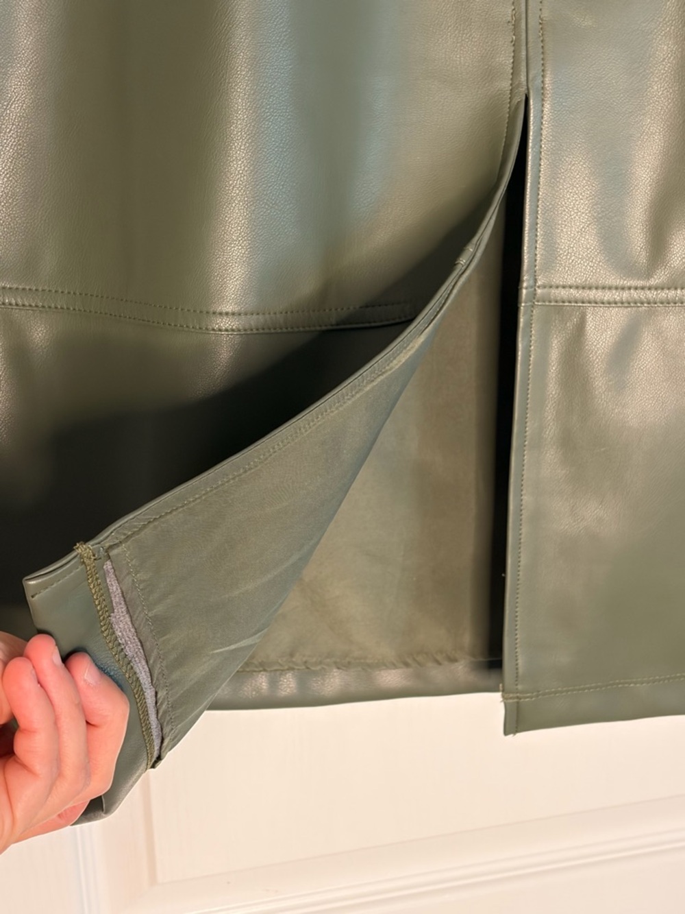 CAbi Olive Faux Leather High-Waist Midi Kick It Skirt - Picture 7 of 12
